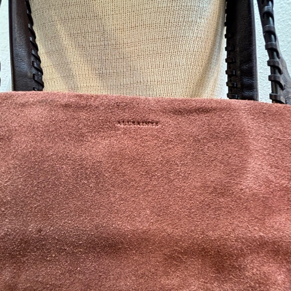AllSaints Mori Suede Leather Tote Bag Brown Braided Handle Whipstitch - Picture 14 of 14